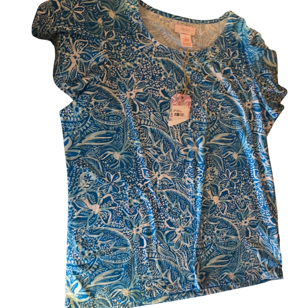 Stella Parker Blue White Floral Paisley Short Sleeve Top Large NWT Flutter